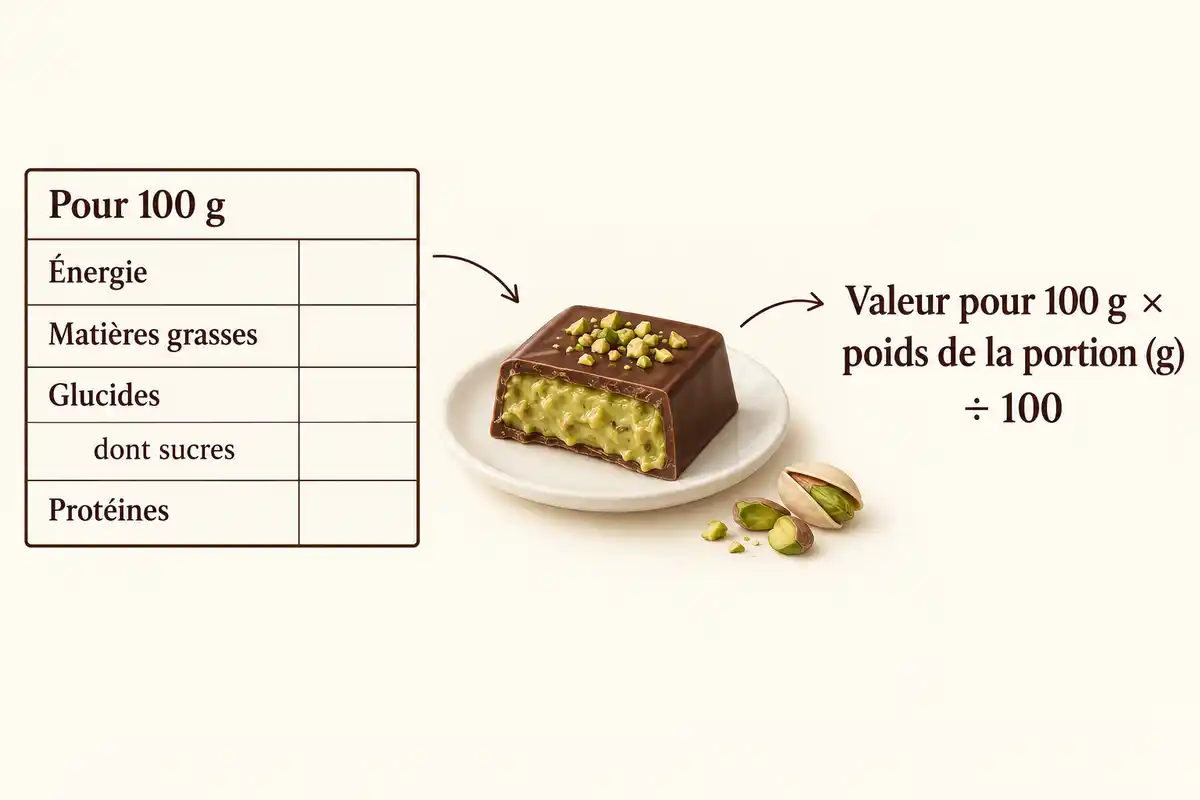 La formule ramène les valeurs pour 100 g au poids de la portion pesée, afin de calculer ses apports et de comparer les produits sur une base identique.