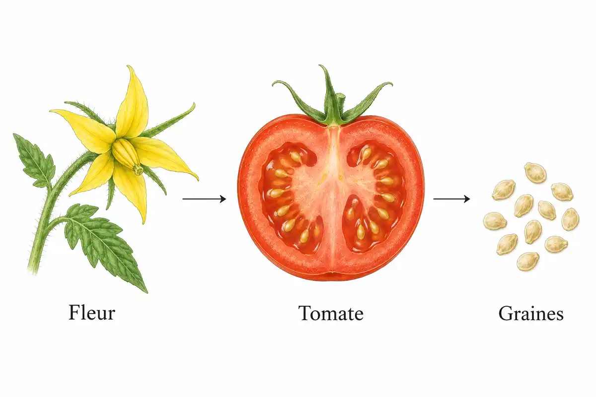 La fleur donne naissance au fruit qui contient les graines : ce lien de développement fonde la définition botanique de la tomate comme fruit.