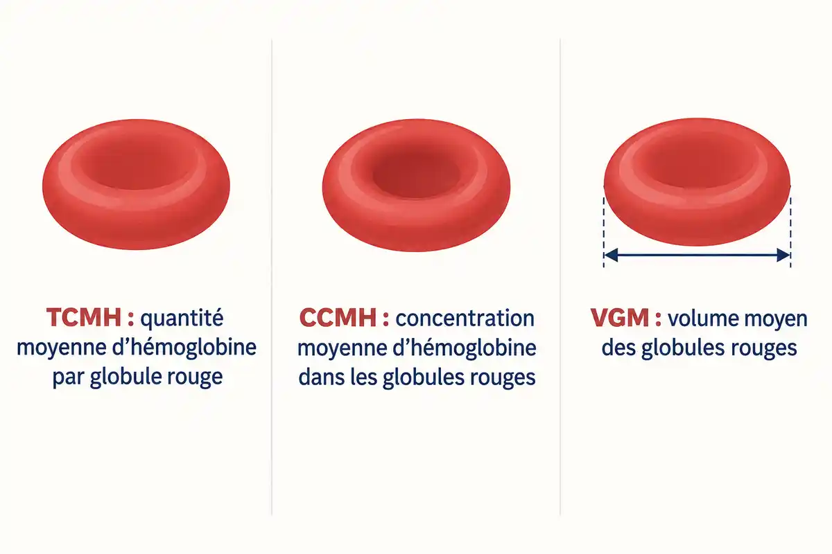 La TCMH dĂ©crit la quantitĂ© dâhĂ©moglobine par globule rouge, la CCMH sa concentration et le VGM leur volume moyen : trois mesures distinctes.