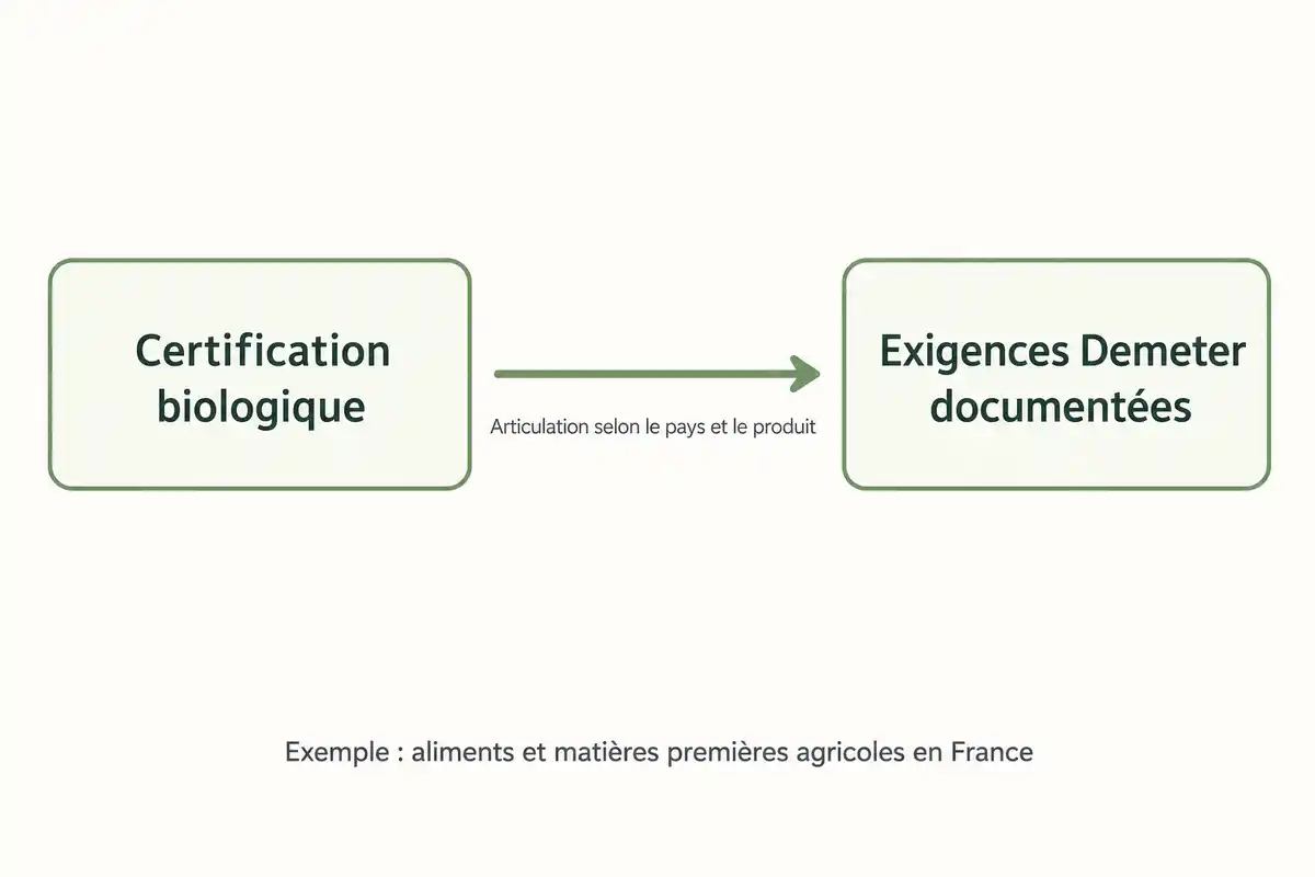 La certification biologique s’articule avec des exigences Demeter documentées selon le pays et le produit, avec un exemple pour la France.