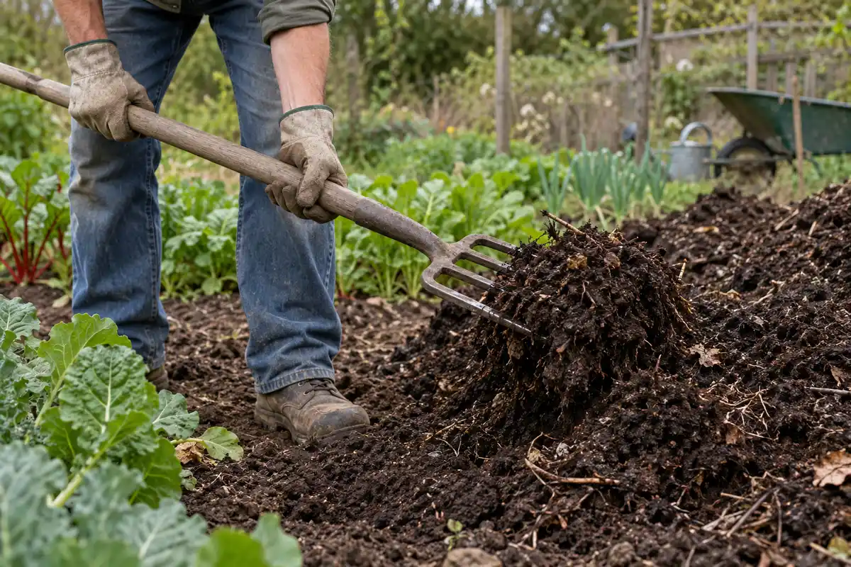 Le compost retourné à la fourche illustre la gestion de la matière organique qui contribue à la fertilité des sols.