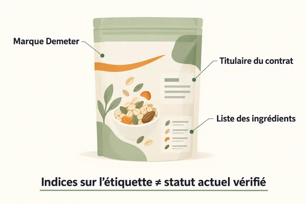 Marque, titulaire du contrat et ingrédients sont des indices à lire sur l’étiquette, sans confirmer le statut actuel du produit.
