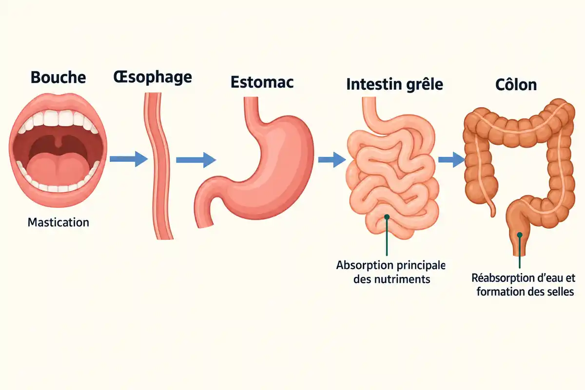 Les aliments avancent de la bouche au côlon : ils sont transformés, les nutriments surtout absorbés dans l’intestin grêle, puis l’eau réabsorbée.