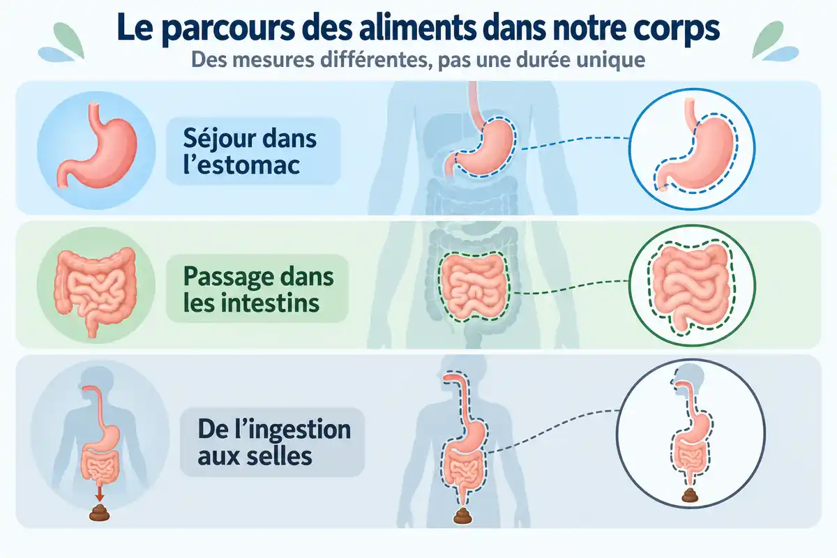 Le séjour dans l’estomac, le passage intestinal et le délai jusqu’aux selles sont des mesures distinctes, pas une durée unique de digestion.
