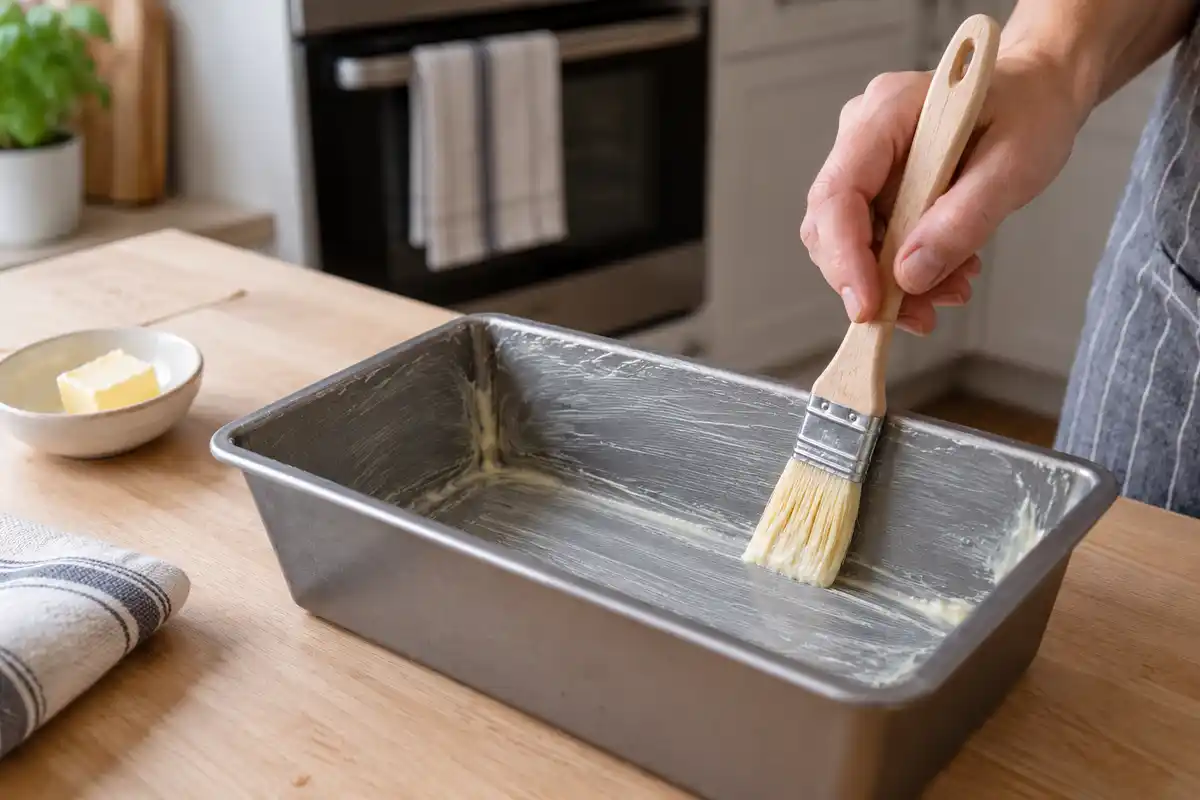 Le beurre est étalé au pinceau dans le moule à cake vide, une étape de préparation avant d’y verser la pâte.