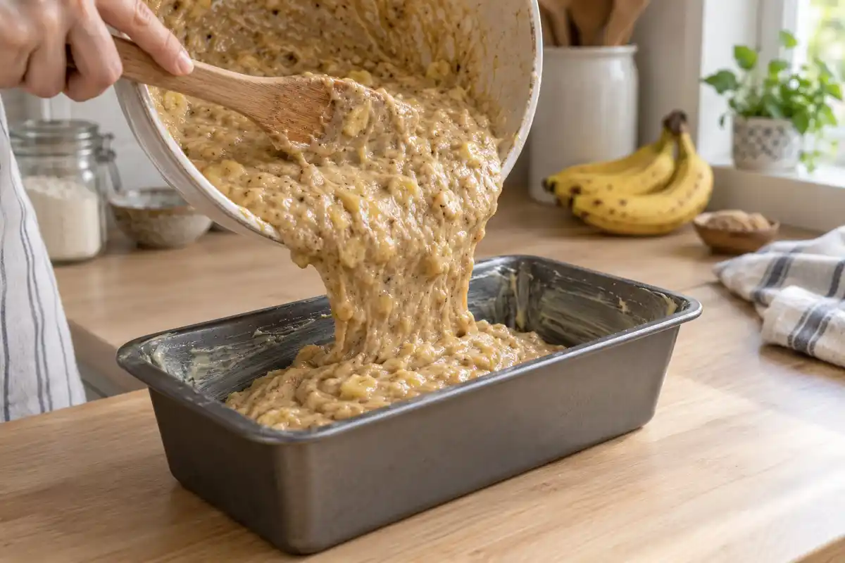 La pâte crue et épaisse à la banane est versée à la spatule dans le moule beurré avant d’enfourner.