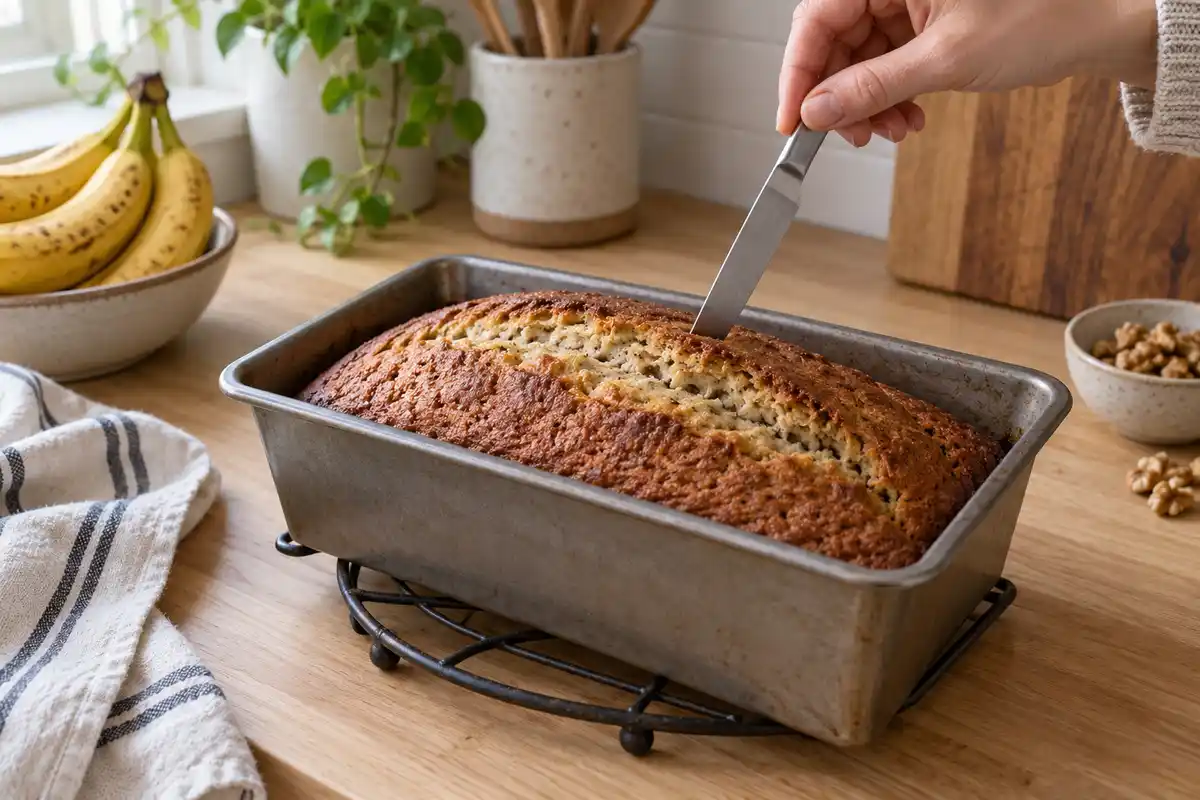 Une lame est retirée du centre du banana bread encore dans son moule pour vérifier la cuisson à cœur.