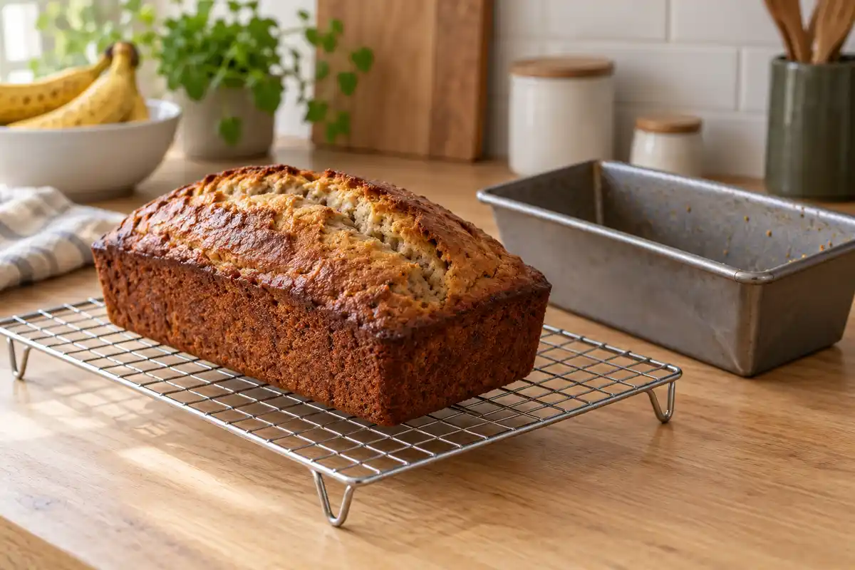 Démoulé entier, le banana bread refroidit sur une grille, l’air circulant aussi sous sa base avant la découpe.