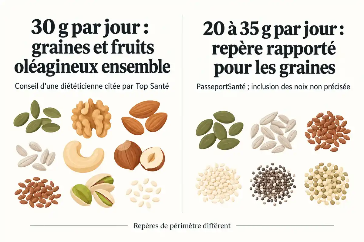 Les repères de 30 g et de 20 à 35 g ont des périmètres différents, car l’inclusion des oléagineux n’est pas précisée pour le second.