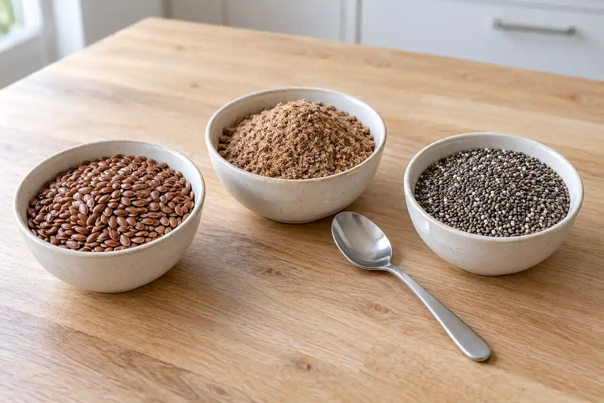 Le lin apparaît entier ou moulu, tandis que le chia est entier : une comparaison des formes d’usage, sans indiquer de portion conseillée.