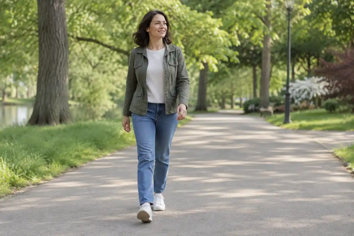 Une marche tranquille illustre l’activité physique douce qui peut accompagner les mesures favorables au transit, sans garantir une évacuation rapide.