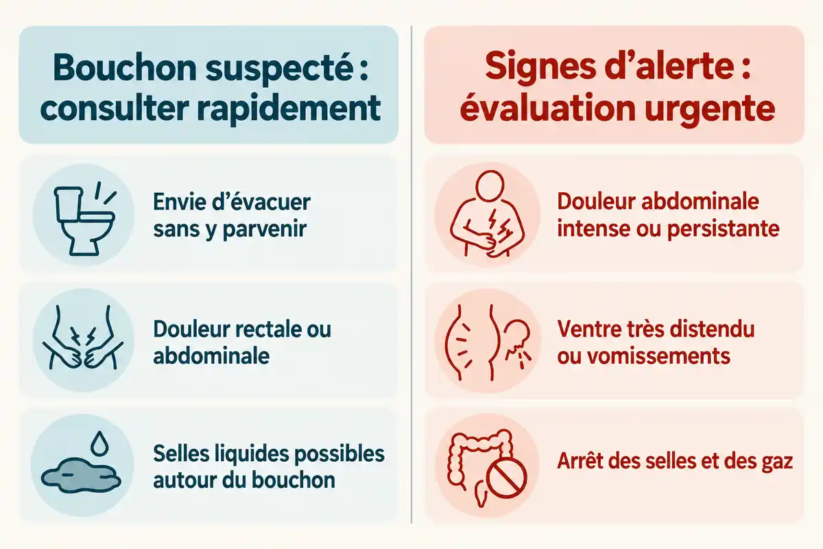 Les signes pouvant évoquer un bouchon de selles sont distingués de ceux qui justifient une évaluation médicale urgente.